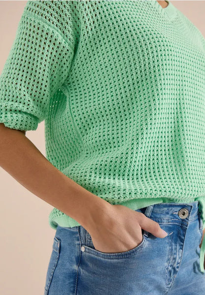 Cecil V Neck Short Sleeve crochet look knit with drawstring 33864