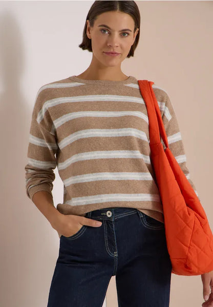 Cecil Cotton Blend Round neck long sleeve beige stripe jumper 304073