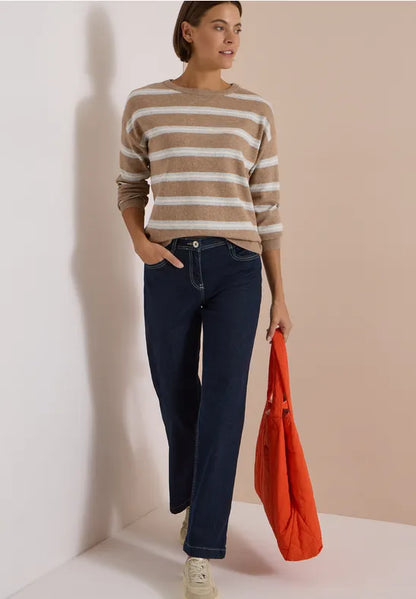 Cecil Cotton Blend Round neck long sleeve beige stripe jumper 304073