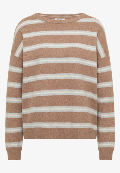 Cecil Cotton Blend Round neck long sleeve beige stripe jumper 304073
