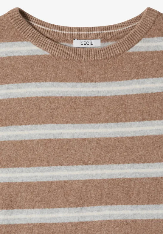 Cecil Cotton Blend Round neck long sleeve beige stripe jumper 304073