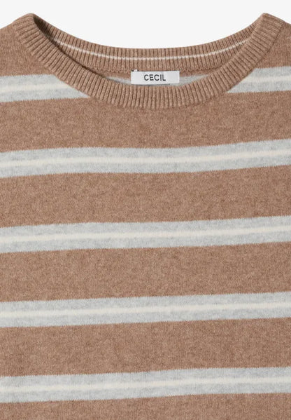 Cecil Cotton Blend Round neck long sleeve beige stripe jumper 304073