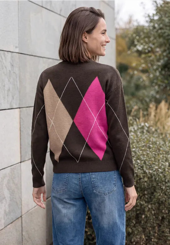 Cecil Sweater with round neck and argyle pattern in truffle brown 304174