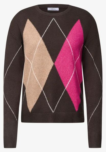 Cecil Sweater with round neck and argyle pattern in truffle brown 304174