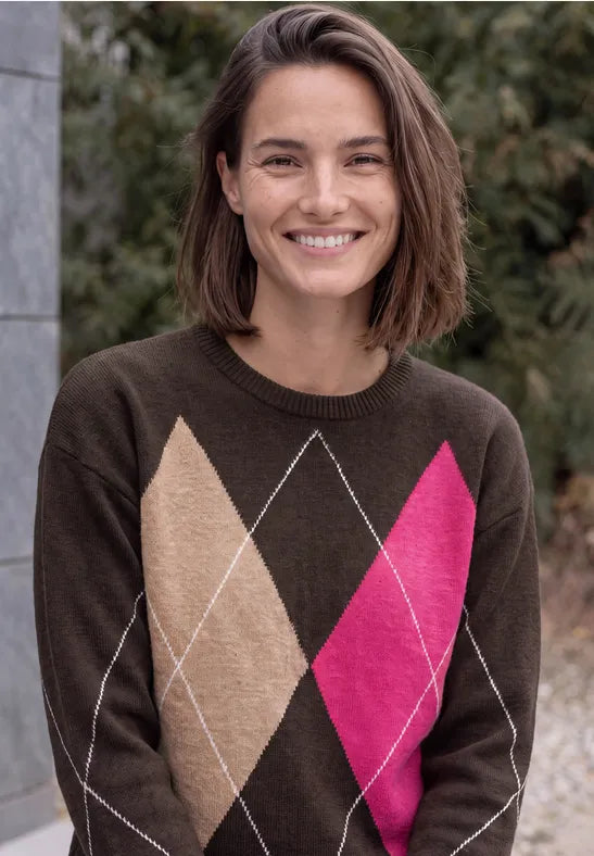 Cecil Sweater with round neck and argyle pattern in truffle brown 304174
