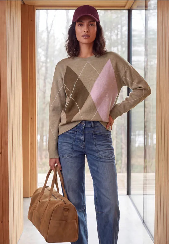 Cecil Sweater with round neck and argyle pattern in mocha 304174
