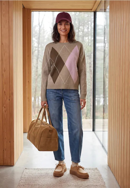 Cecil Sweater with round neck and argyle pattern in mocha 304174