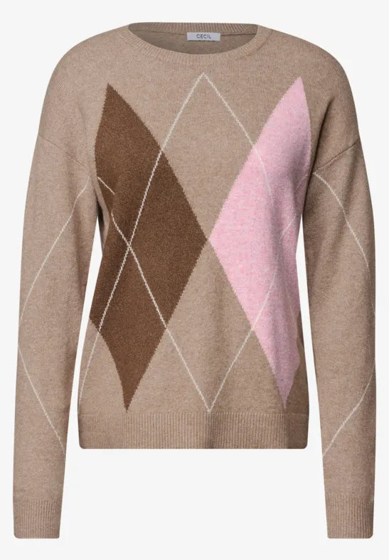 Cecil Sweater with round neck and argyle pattern in mocha 304174