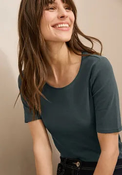 Cecil Cotton Round Neck Short Sleeve T Shirt in Navy or Slate Khaki 317515 Lena