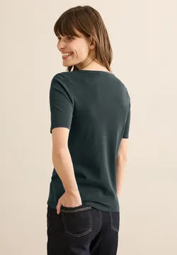 Cecil Cotton Round Neck Short Sleeve T Shirt in Navy or Slate Khaki 317515 Lena
