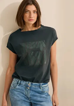Cecil cotton t shirt with Glitter bead motif 322952 Khaki
