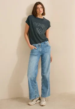 Cecil cotton t shirt with Glitter bead motif 322952 Khaki