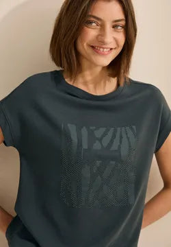 Cecil cotton t shirt with Glitter bead motif 322952 Khaki