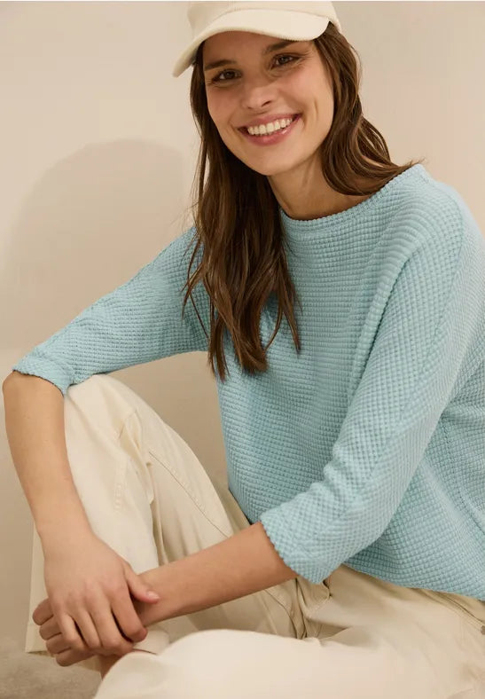 Cecil Soft Textured Cotton Blend top with 3/4 sleeve in Salvia Green 322967