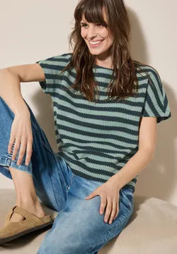 Cecil Cotton Textured Top in green stripe  323109