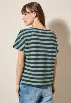 Cecil Cotton Textured Top in green stripe  323109