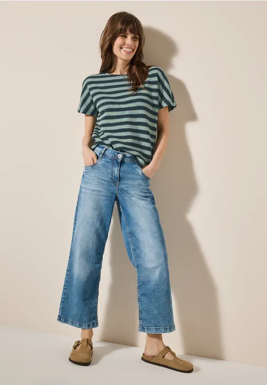 Cecil Cotton Textured Top in green stripe  323109