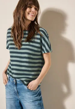 Cecil Cotton Textured Top in green stripe  323109