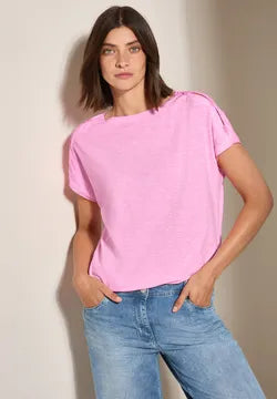 Cecil cotton T Shirt with button shoulder detail  323365 Pink