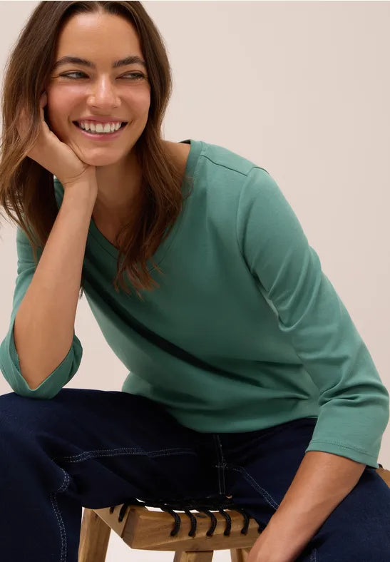 Cecil Pure cotton 3/4 sleeve v neck T Shirt. Green or White 323865