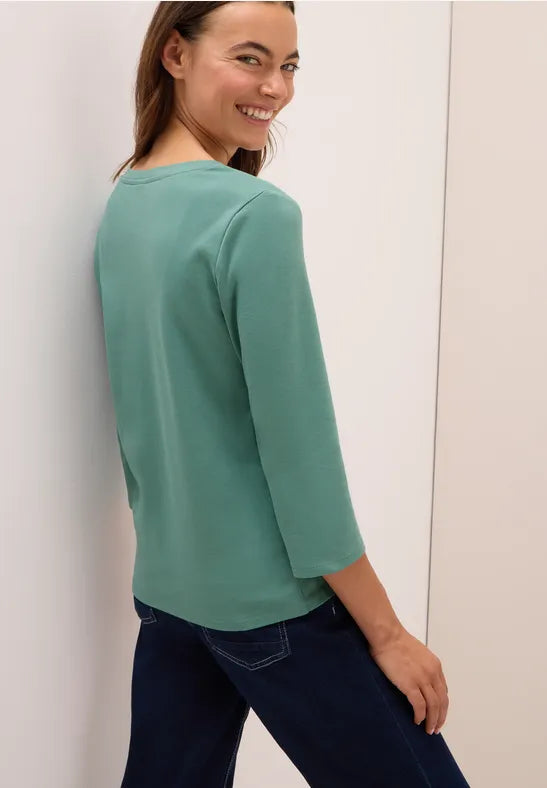 Cecil Pure cotton 3/4 sleeve v neck T Shirt. Green or White 323865