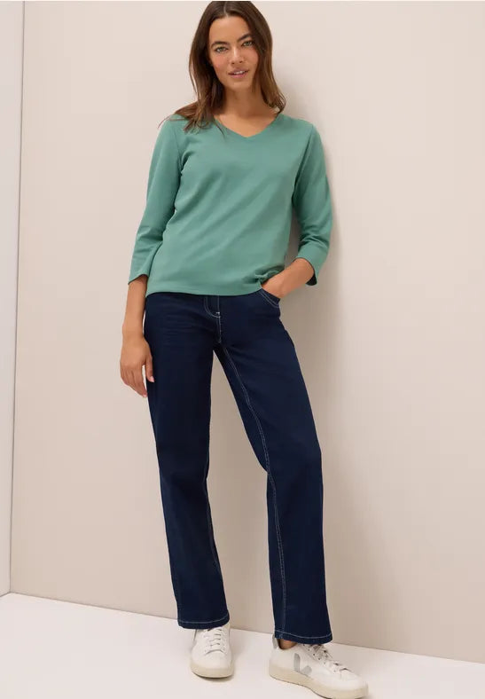 Cecil Pure cotton 3/4 sleeve v neck T Shirt. Green or White 323865
