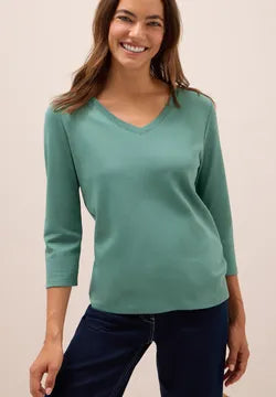 Cecil Pure cotton 3/4 sleeve v neck T Shirt. Green or White 323865