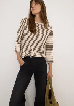 Cecil Cotton blend Stripe T Shirt with 3/4 sleeve Navy or Beige 324053