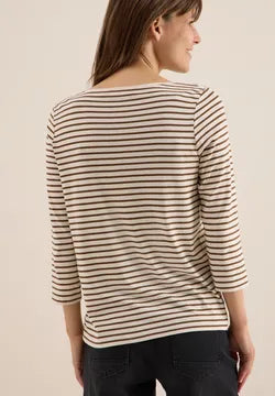 Cecil Cotton blend Stripe T Shirt with 3/4 sleeve Navy or Beige 324053