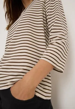 Cecil Cotton blend Stripe T Shirt with 3/4 sleeve Navy or Beige 324053