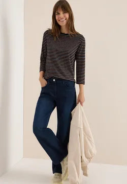Cecil Cotton blend Stripe T Shirt with 3/4 sleeve Navy or Beige 324053