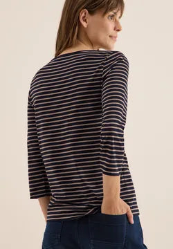 Cecil Cotton blend Stripe T Shirt with 3/4 sleeve Navy or Beige 324053