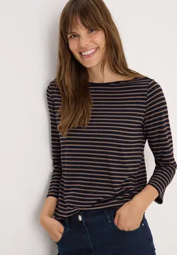 Cecil Cotton blend Stripe T Shirt with 3/4 sleeve Navy or Beige 324053