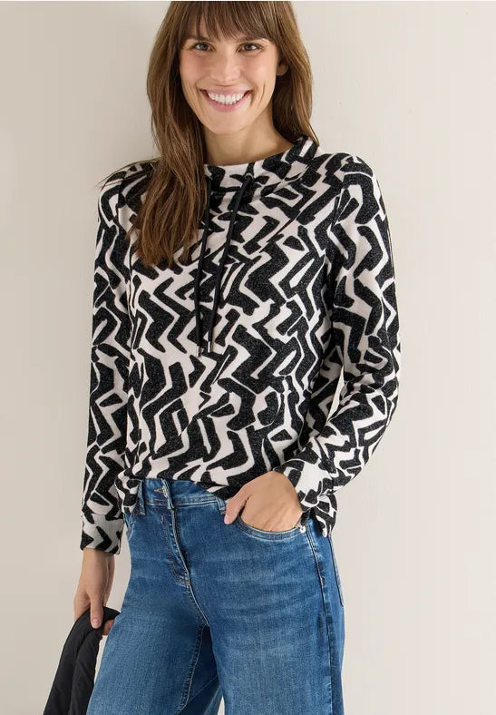 Cecil Cozy Feel Funnel neck sweatshirt in black and Grey Print  324284 Grey