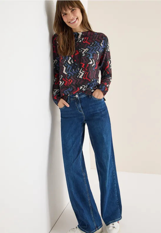 Cecil Cozy Feel Funnel Neck Sweatshirt in Black multi print 324284