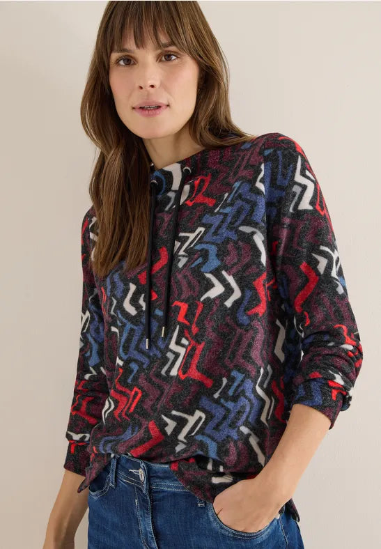 Cecil Cozy Feel Funnel Neck Sweatshirt in Black multi print 324284
