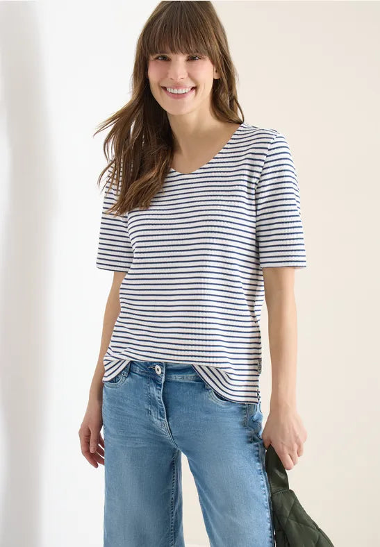 Cecil Cotton Blend V Neck textured short sleeve Top 324813