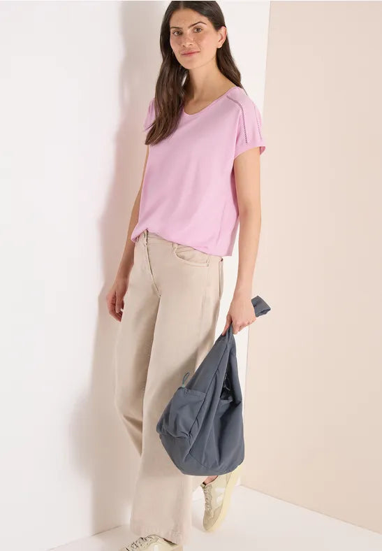 Cecil Cotton T Shirt with V Neck and Lattice shoulder detail 325039