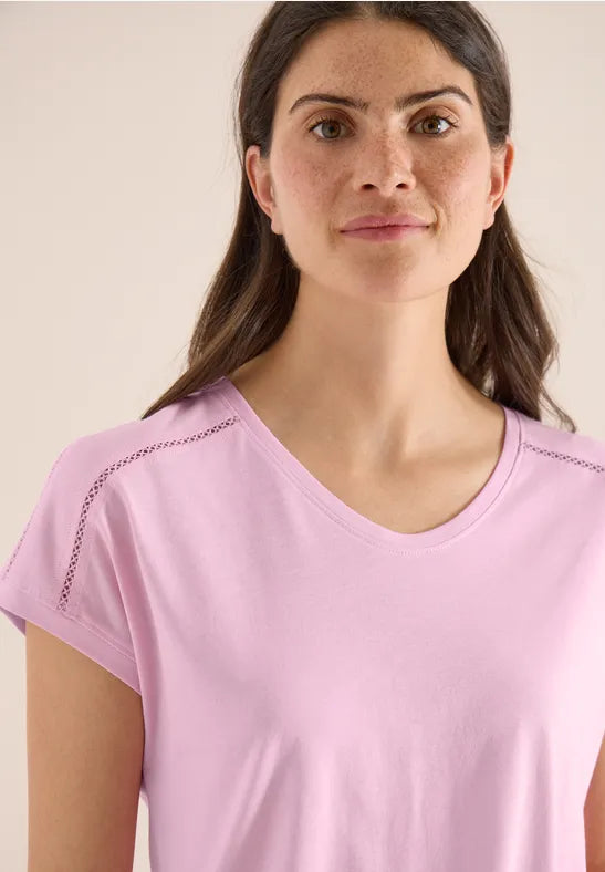 Cecil Cotton T Shirt with V Neck and Lattice shoulder detail 325039