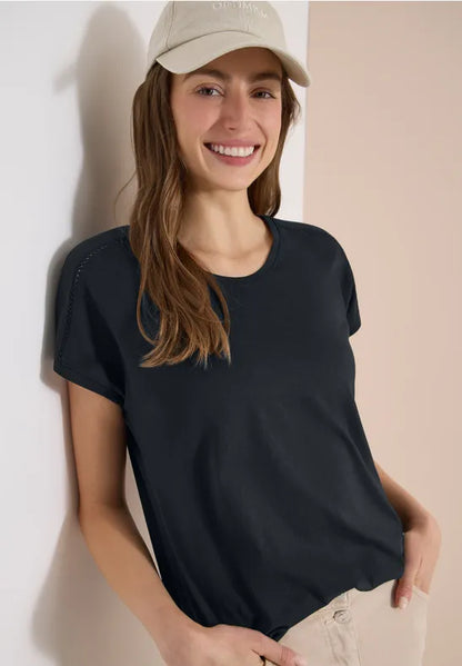 Cecil Cotton V Neck T Shirt with Lattice shoulder detail 325039 26