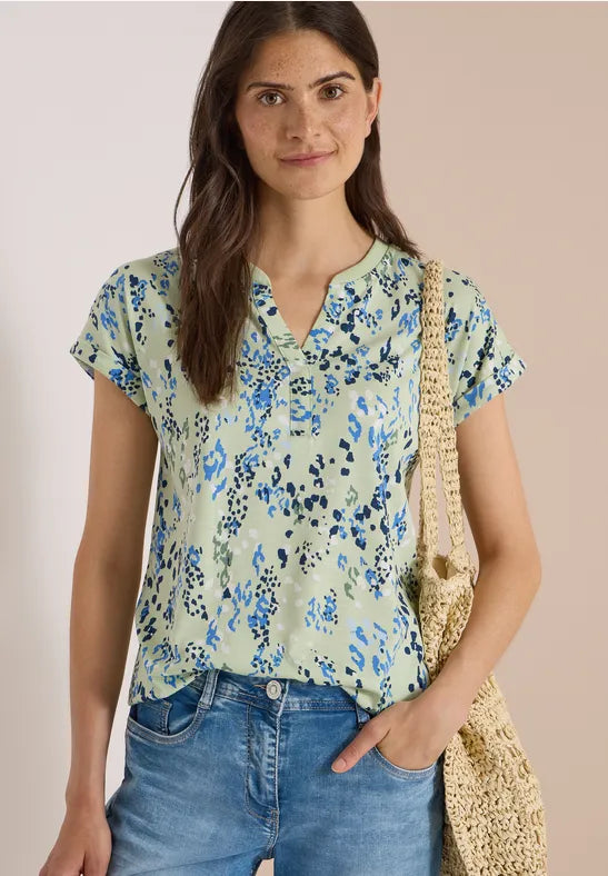 Cecil Cotton T-shirt with split neck and print in Matcha Green  325573