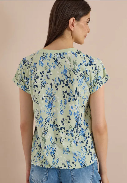 Cecil Cotton T-shirt with split neck and print in Matcha Green  325573