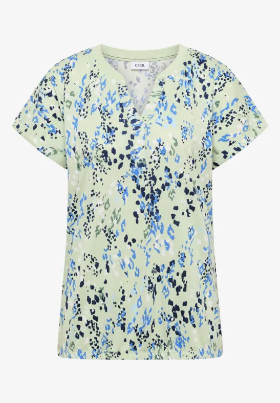 Cecil Cotton T-shirt with split neck and print in Matcha Green  325573
