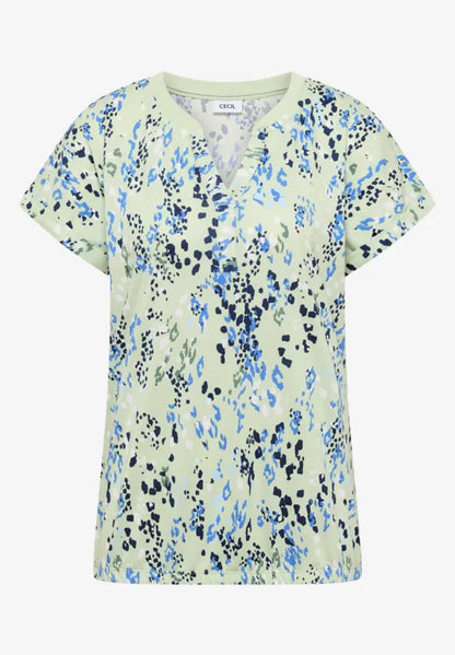 Cecil Cotton T-shirt with split neck and print in Matcha Green  325573