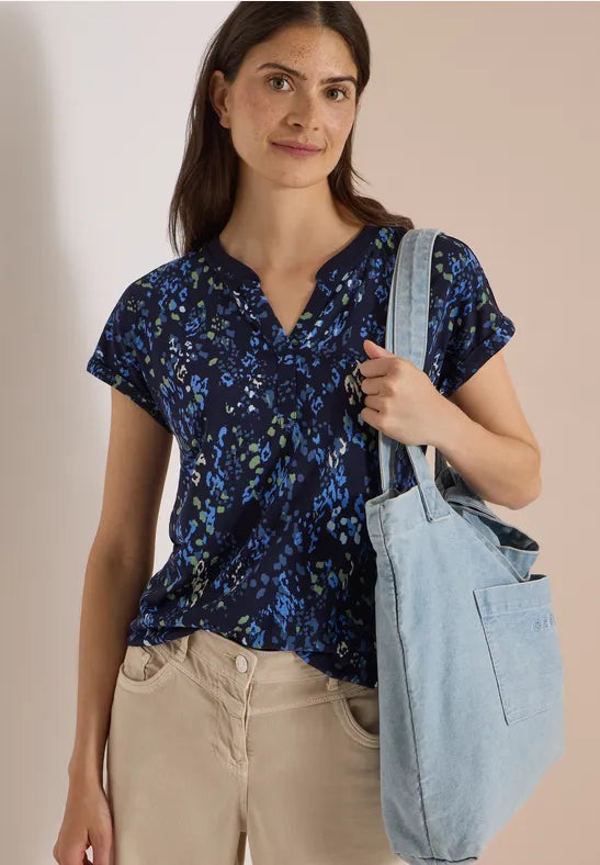 Cecil Cotton T-shirt with split neck and print 325573 Blue