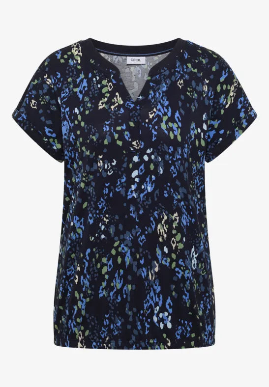 Cecil Cotton T-shirt with split neck and print 325573 Blue