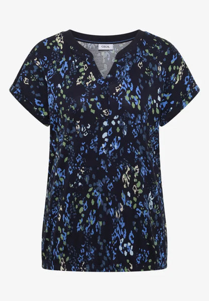 Cecil Cotton T-shirt with split neck and print 325573 Blue