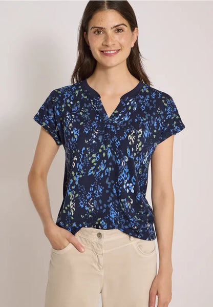 Cecil Cotton T-shirt with split neck and print 325573 Blue