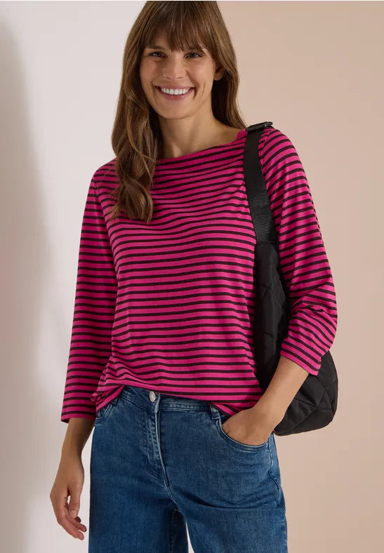 Cecil Cotton 3/4 Sleeve Top in Pink and Navy Stripe 325589