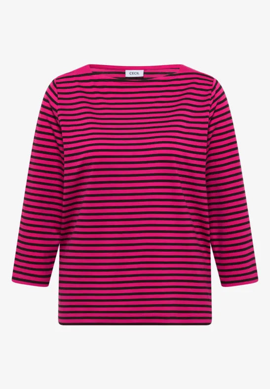 Cecil Cotton 3/4 Sleeve Top in Pink and Navy Stripe 325589